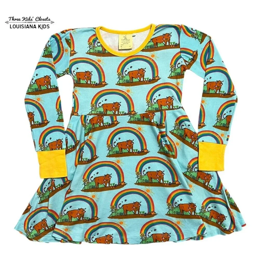 Coddi & Womple 6Y Organic Gus In The Garden Cow Rainbow Dress